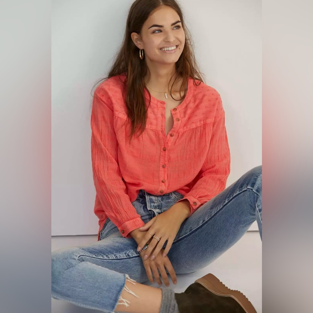 Anthropologie Pilcro Mila‎ Draped Button Down Top Shirt in Coral Size Medium